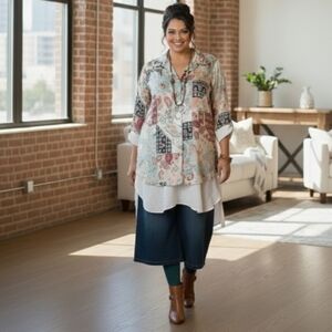 Chapter One Lagenlook Paisley Patchwork Blouse SZ 2X - Roll Tab Sleeves